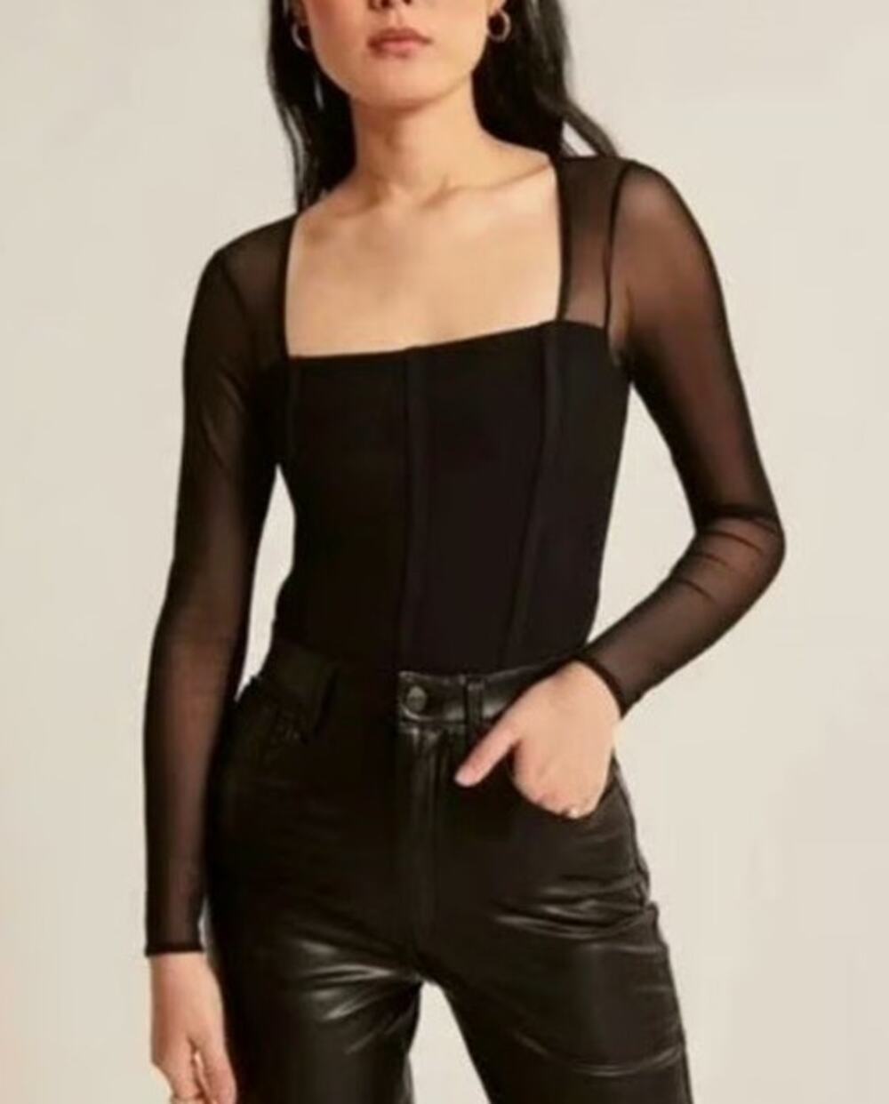 Abercrombie & Fitch Corset Sheer Mesh Sleeve Bodysuit Size S Black Night Out